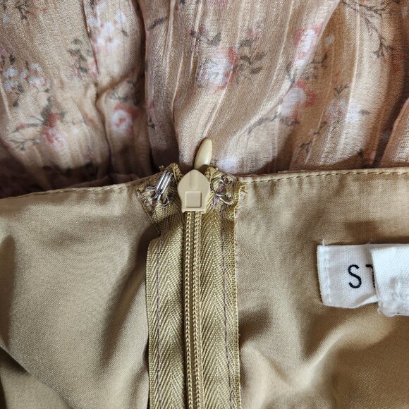 Storia Floral Tiered Midi Dress Cottagecore Boho Ruffle Tan Size M - Picture 9 of 12